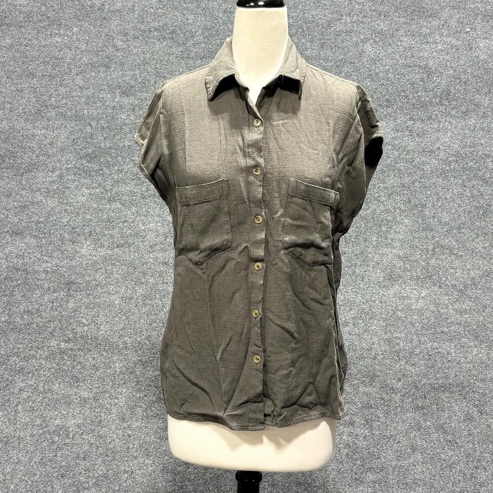 Walter Baker Shirt Womens Small Green Linen Blend Button Front Cap Sleeve Top